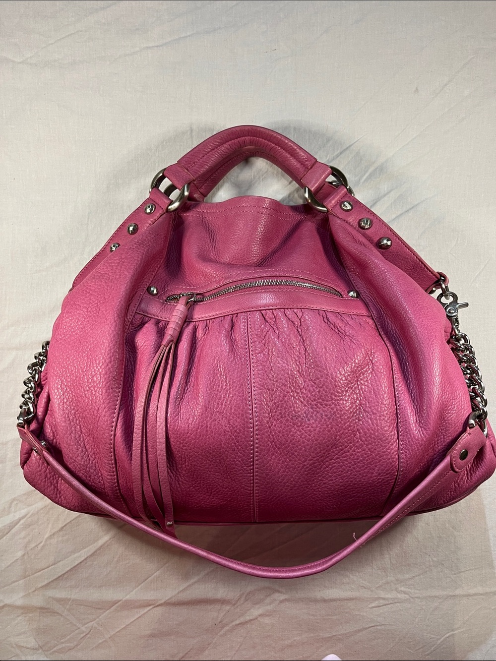 Vibrant CETTU Hot Pink Pebbled Leather Crest Hobo Bag Boho Barbiecore - Picture 3 of 11
